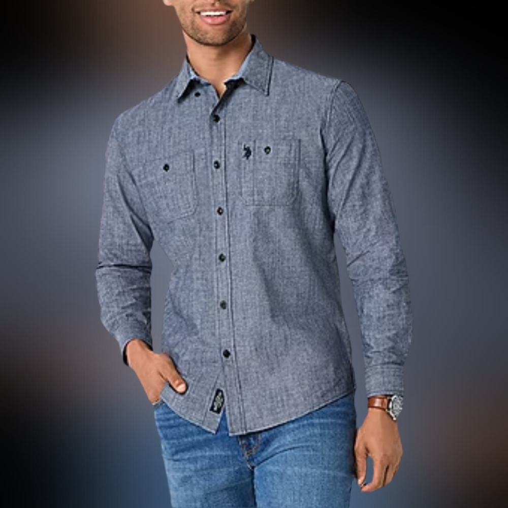 U.S. Polo Assn. Canvas Slub Mens Y Neck Long Sleeve  Button-Down Shirt Size S